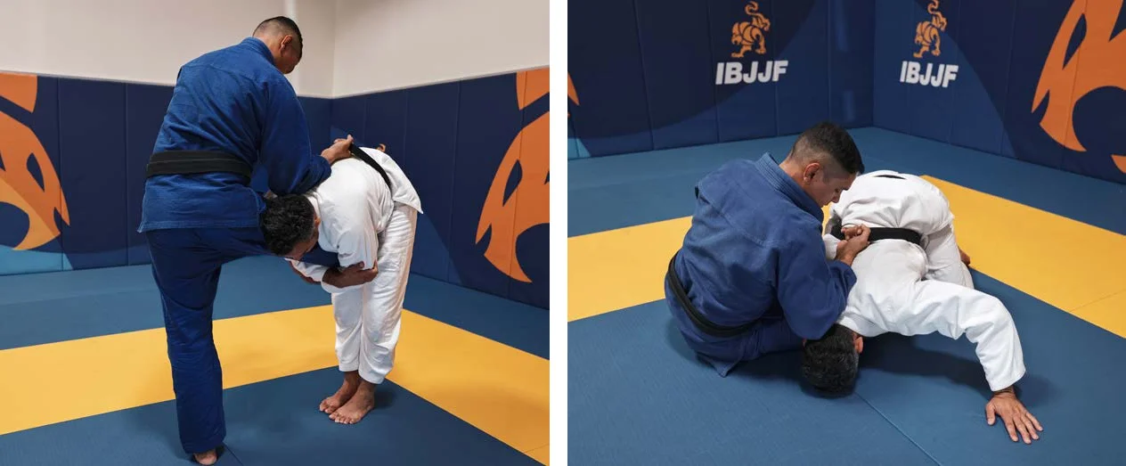 In difesa da single leg con testa all'esterno, afferrare la cintura e proiettare l'avversario di testa al suolo - Poster Technical Fouls & Illegal Moves della IBJJF