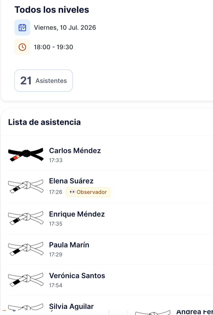 Tablet en modo kiosco con los alumnos apuntados a una clase