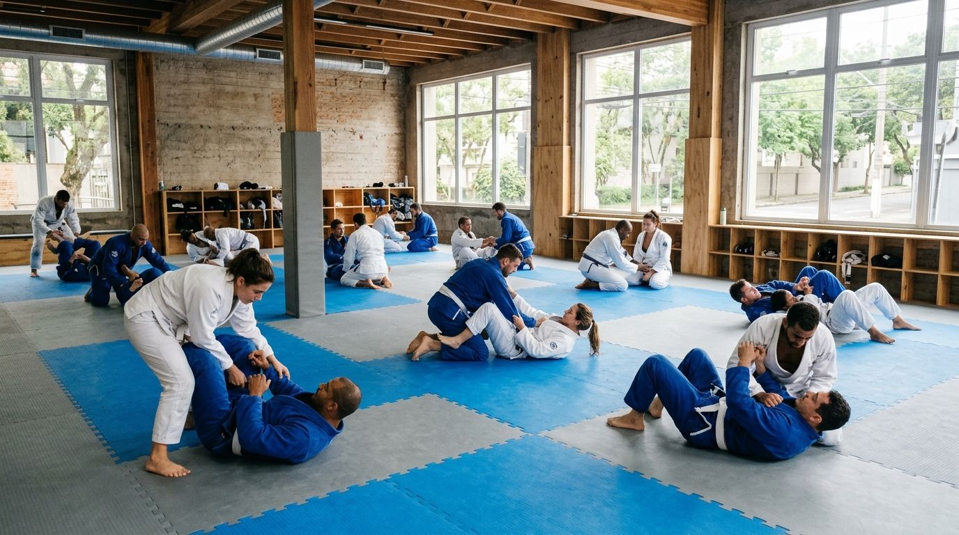 Allievi di jiu-jitsu brasiliano che si allenano sul tatami durante una lezione regolare in accademia
