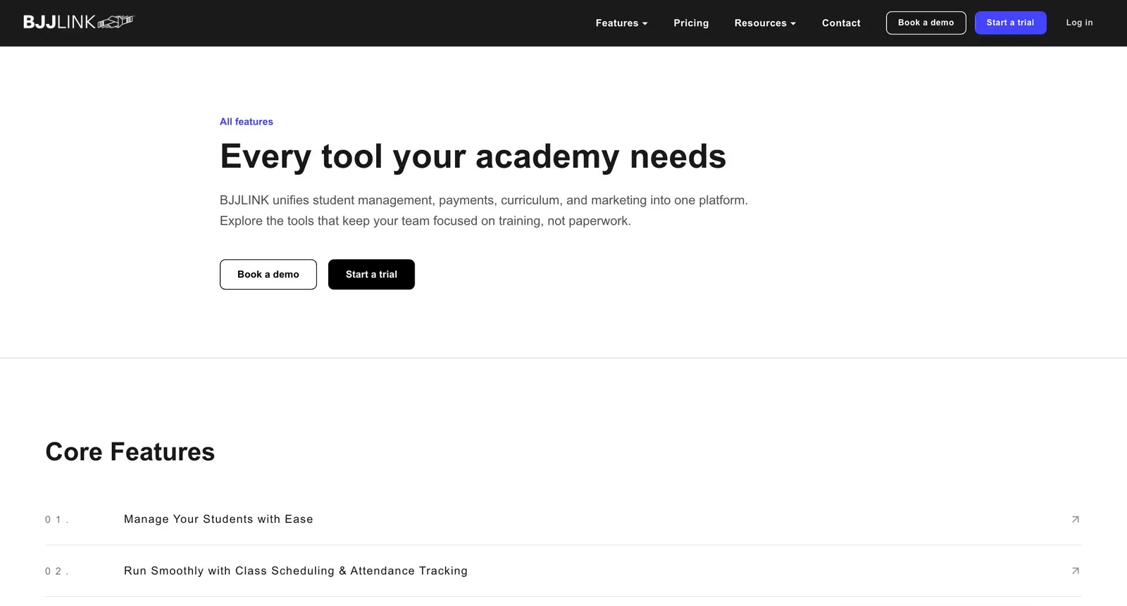 BJJLink features overview covering student management, scheduling, payments, and marketing