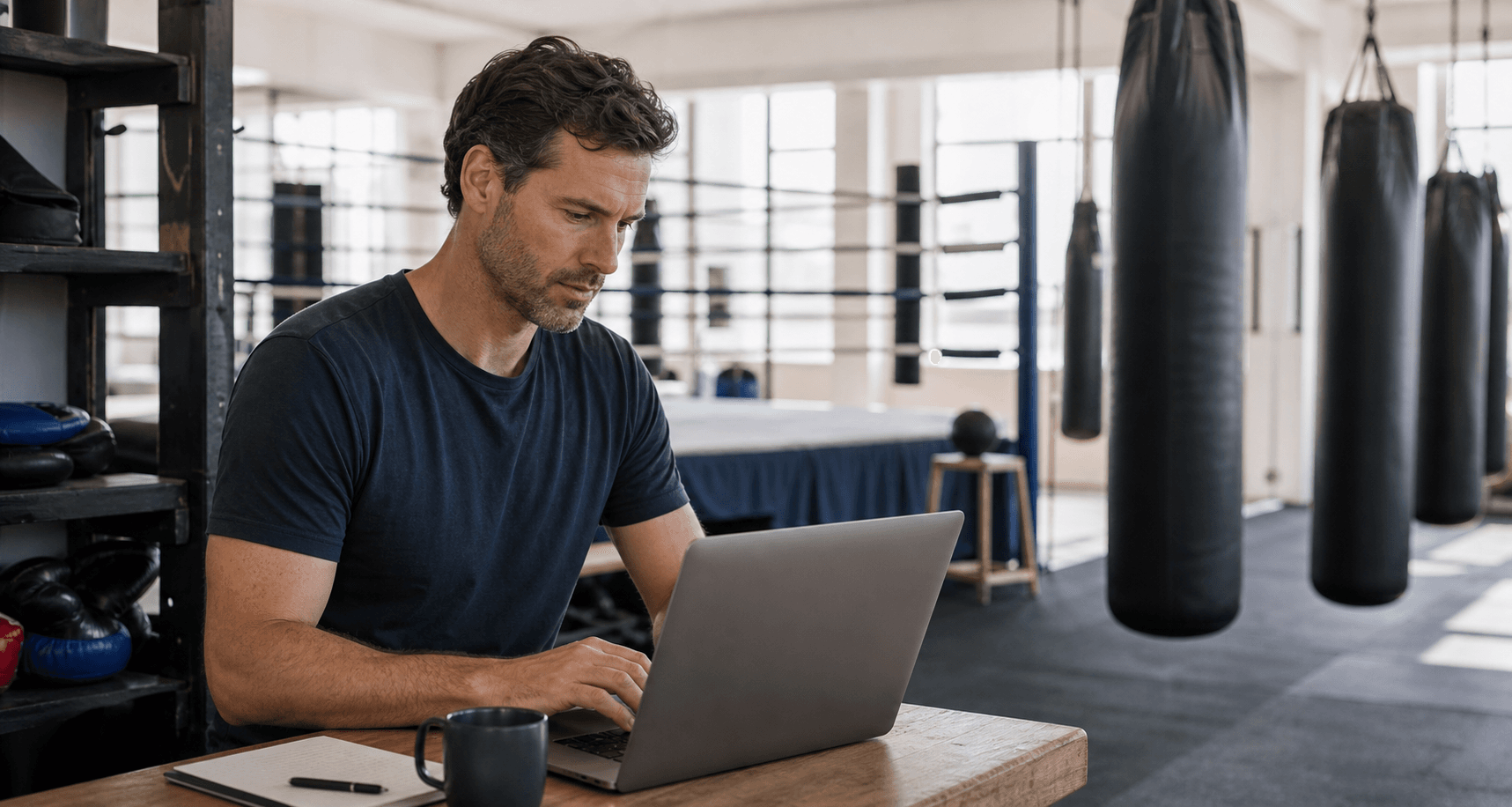 Titolare di una palestra di boxe che confronta software gestionali su laptop