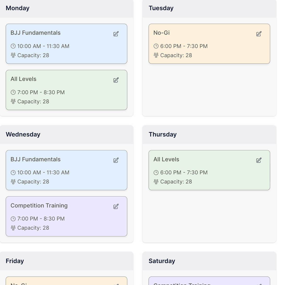 Weekly class schedule by day and discipline