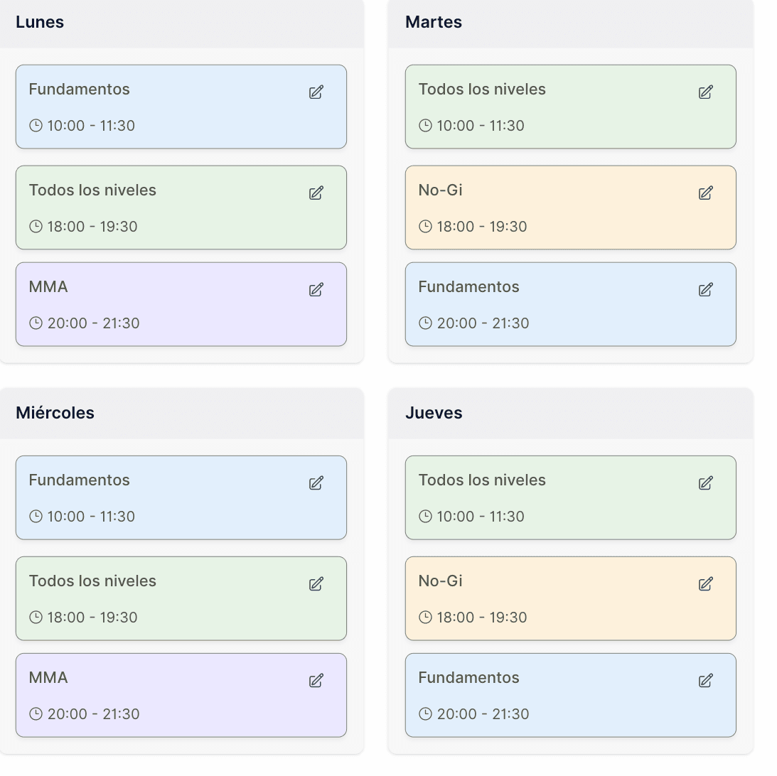 Horario semanal de clases por día y disciplina