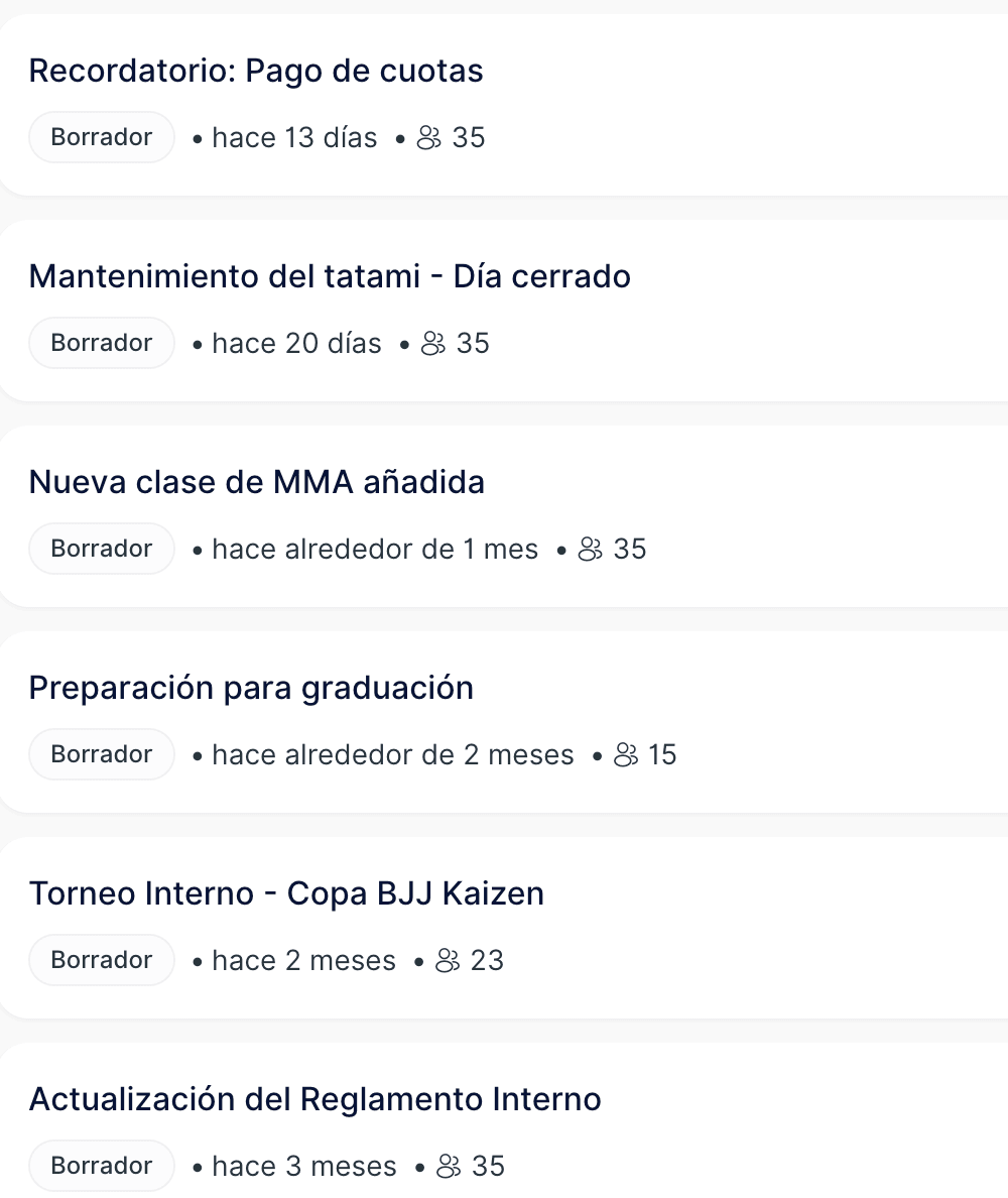 Lista de mensajes enviados a los alumnos de la academia