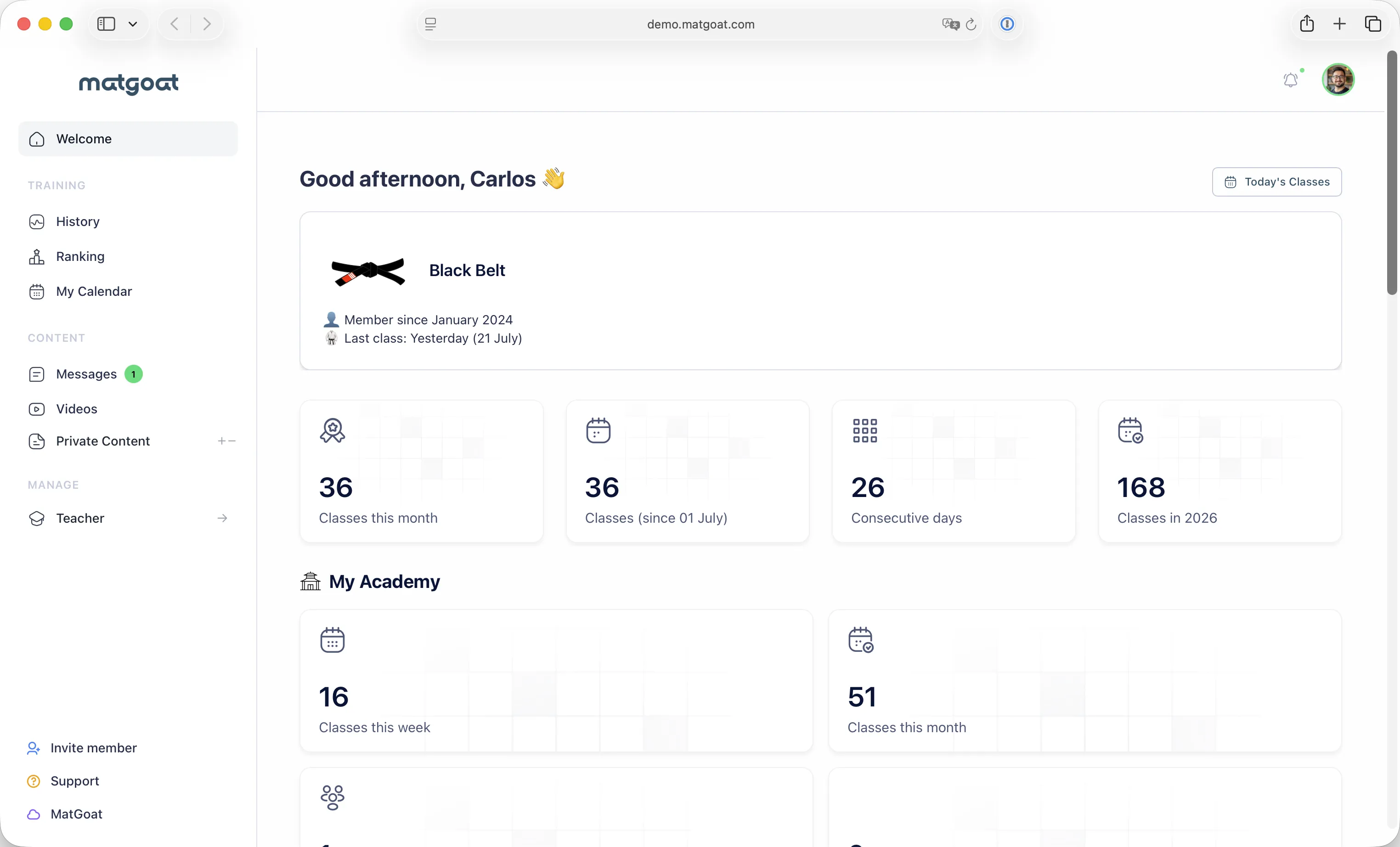 MatGoat dashboard for martial arts gym management