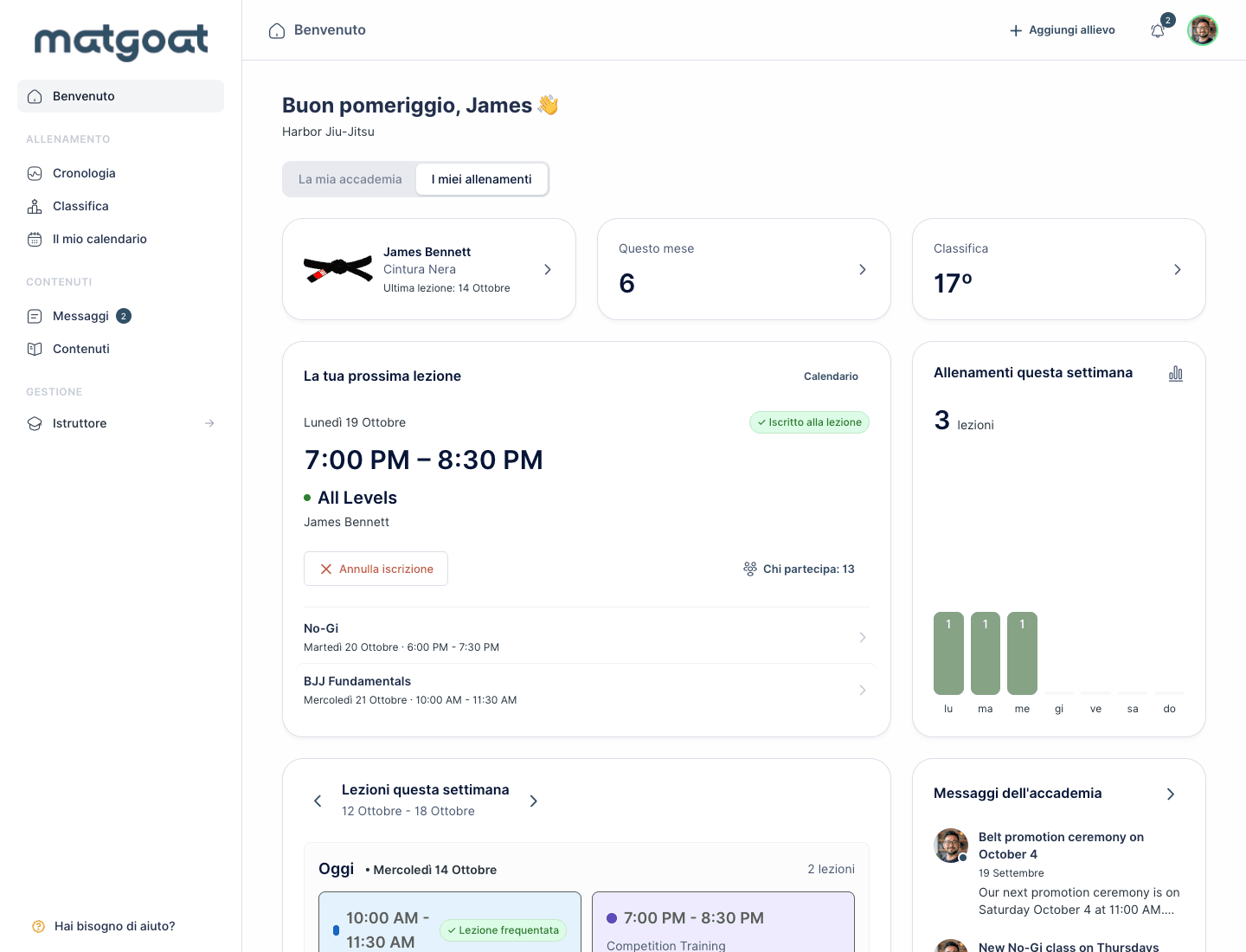 MatGoat: Home dell’allievo: cintura, attività e prossime lezioni