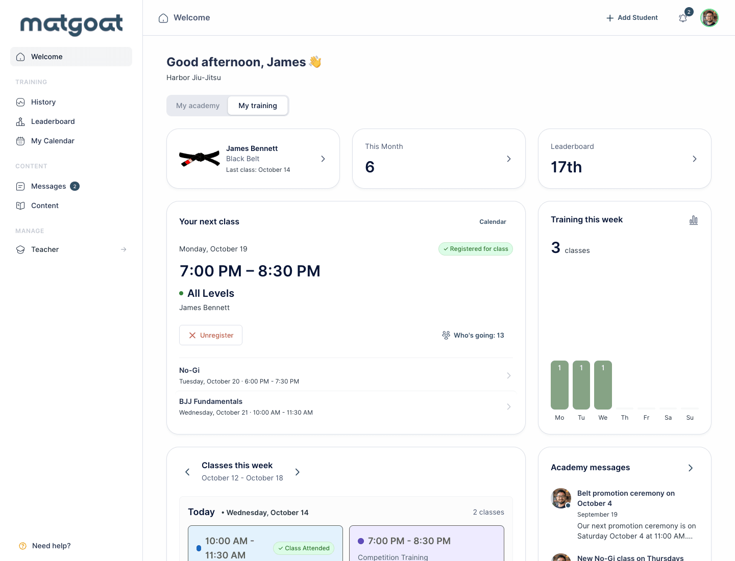 MatGoat: Student home: belt, activity, and upcoming classes