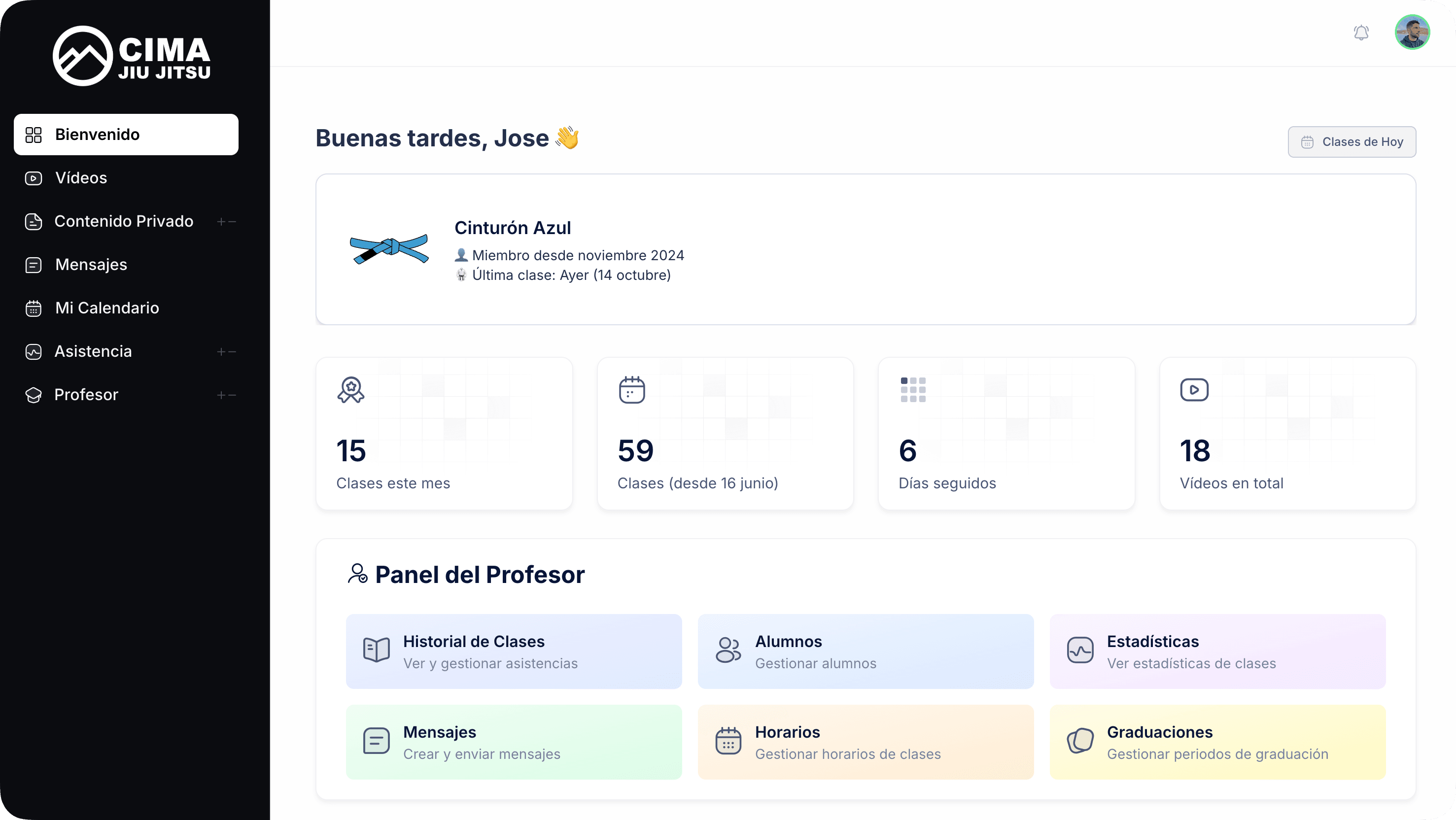 MatGoat student dashboard with attendance and academy statistics