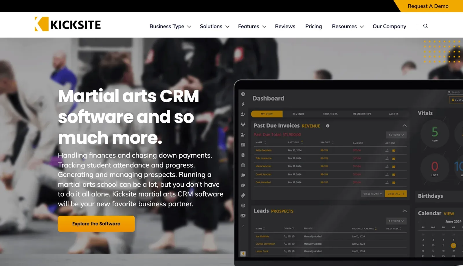 Kicksite martial arts CRM software homepage showing the revenue and prospects dashboard