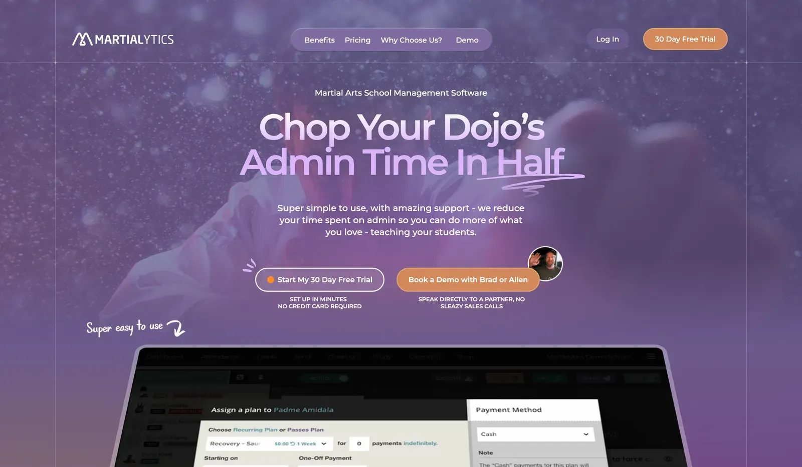 Martialytics martial arts school management software homepage with student plan assignment screen