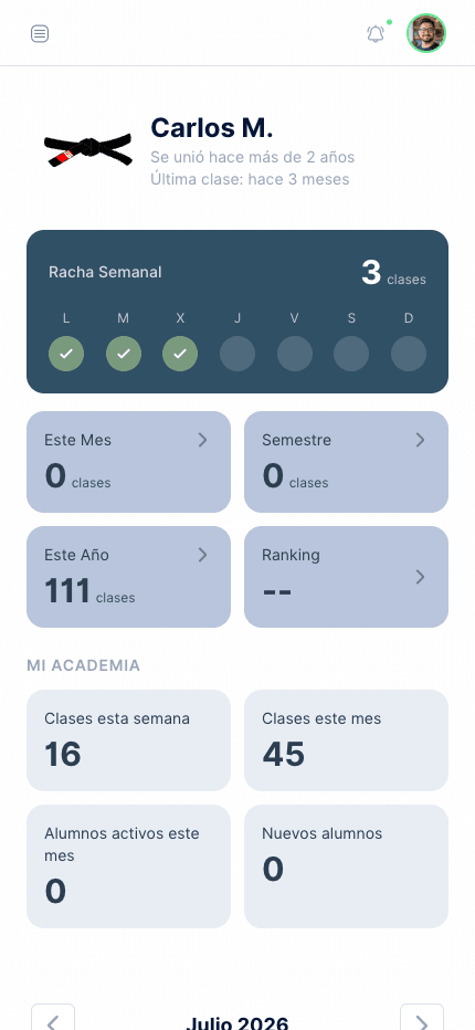 MatGoat en el móvil con el progreso del alumno y los datos de su academia