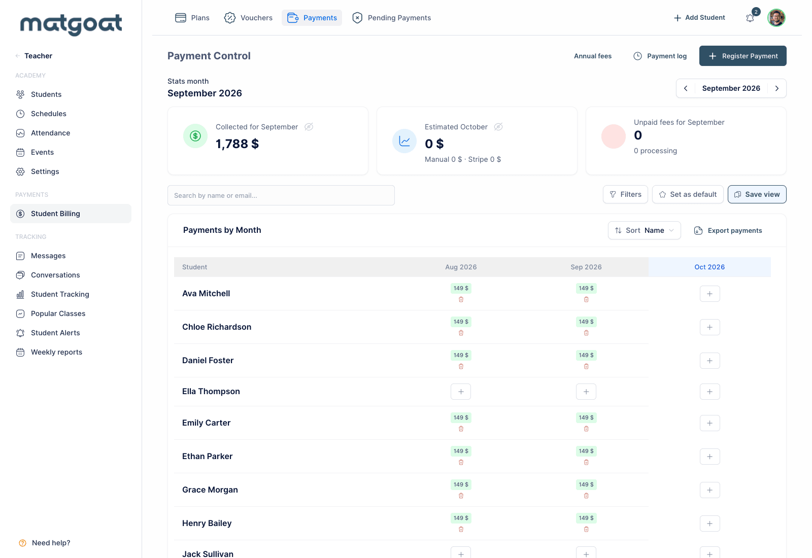 MatGoat: Payment control and filters with demo academy data