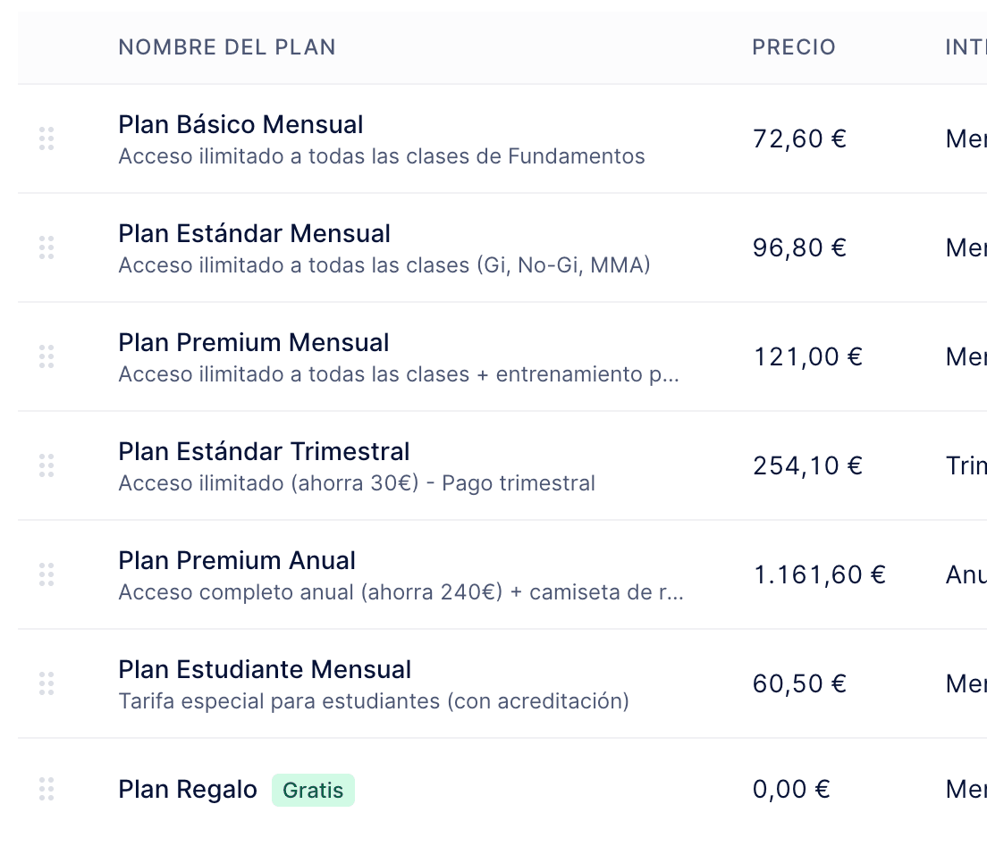 Tabla de planes de pago con precios, intervalos y alumnos suscritos