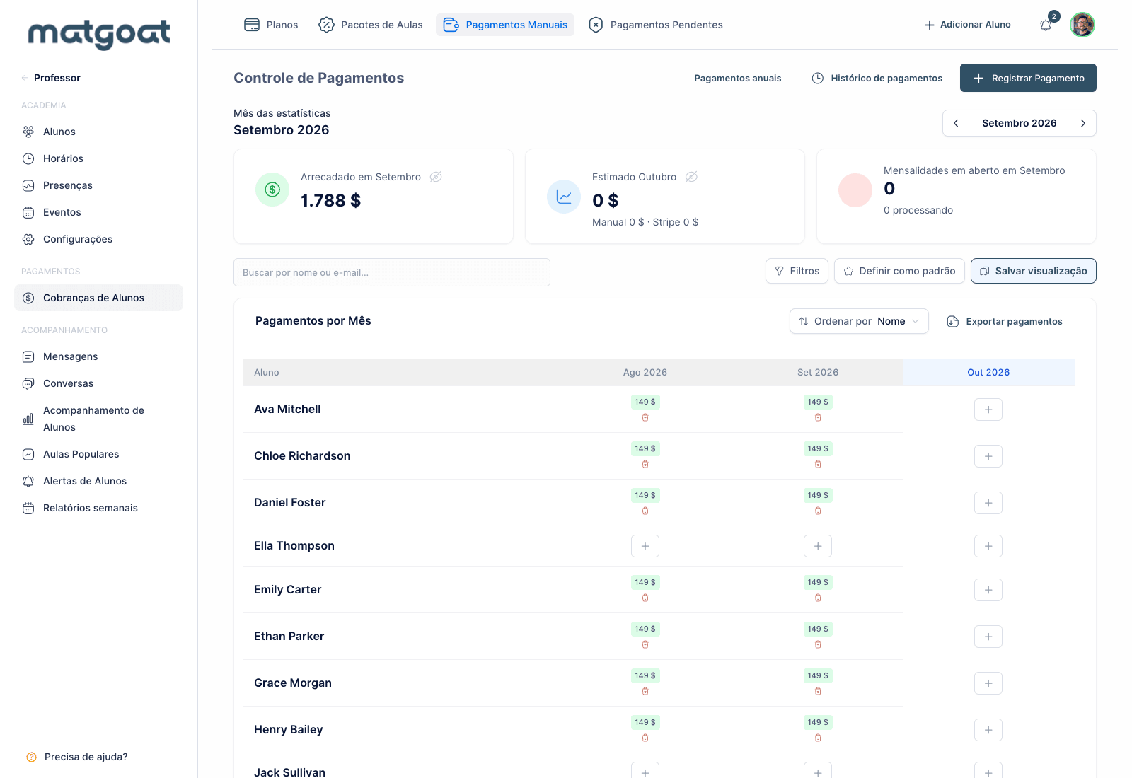 MatGoat: Controle de pagamentos e filtros com dados da academia demo