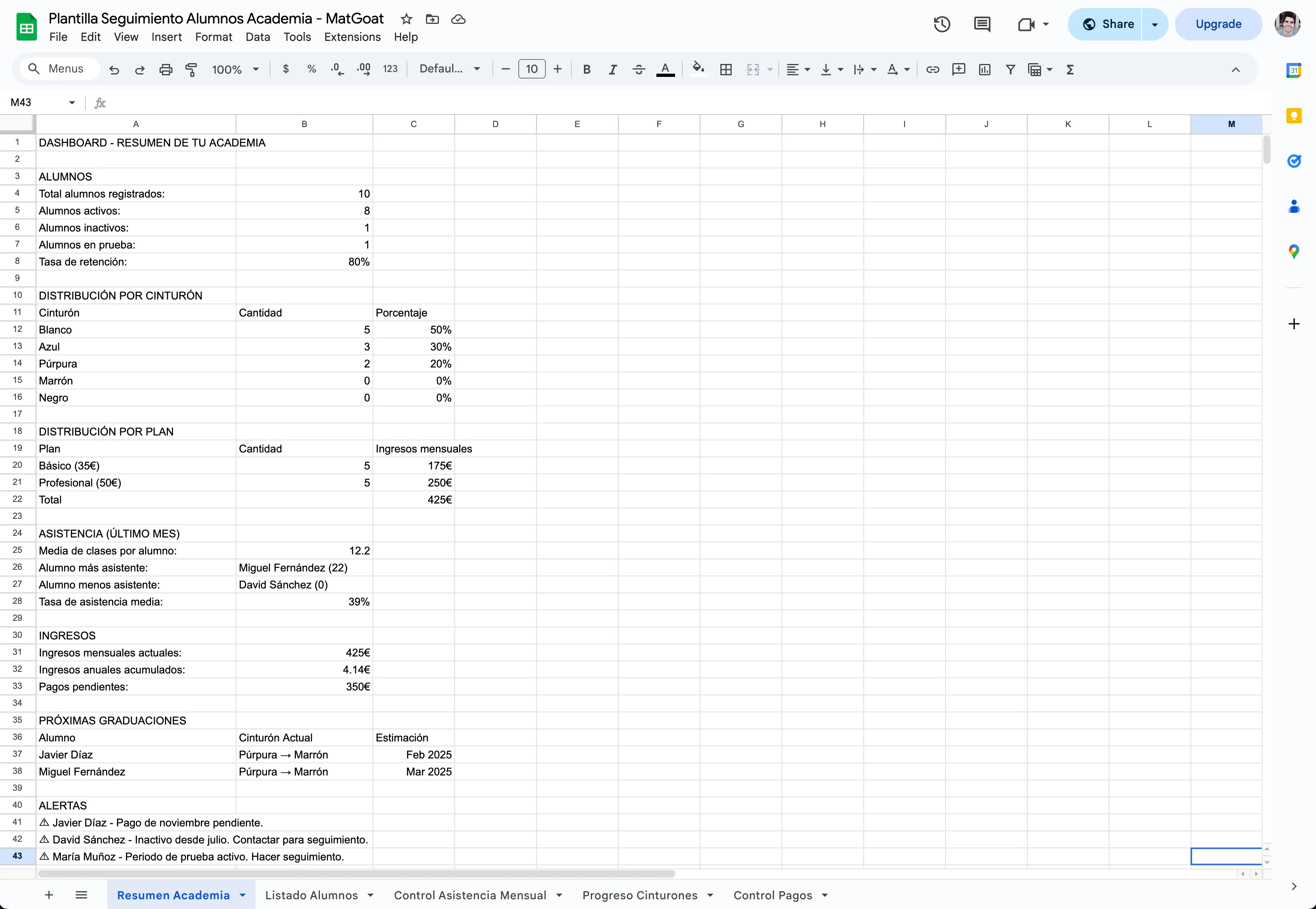 Vista previa de la plantilla de seguimiento de alumnos para Excel