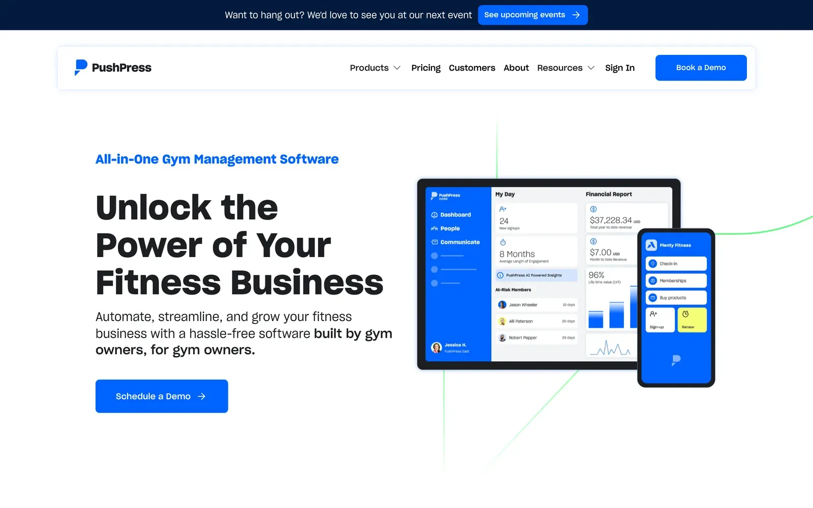 PushPress gym management software homepage with financial dashboard and member app