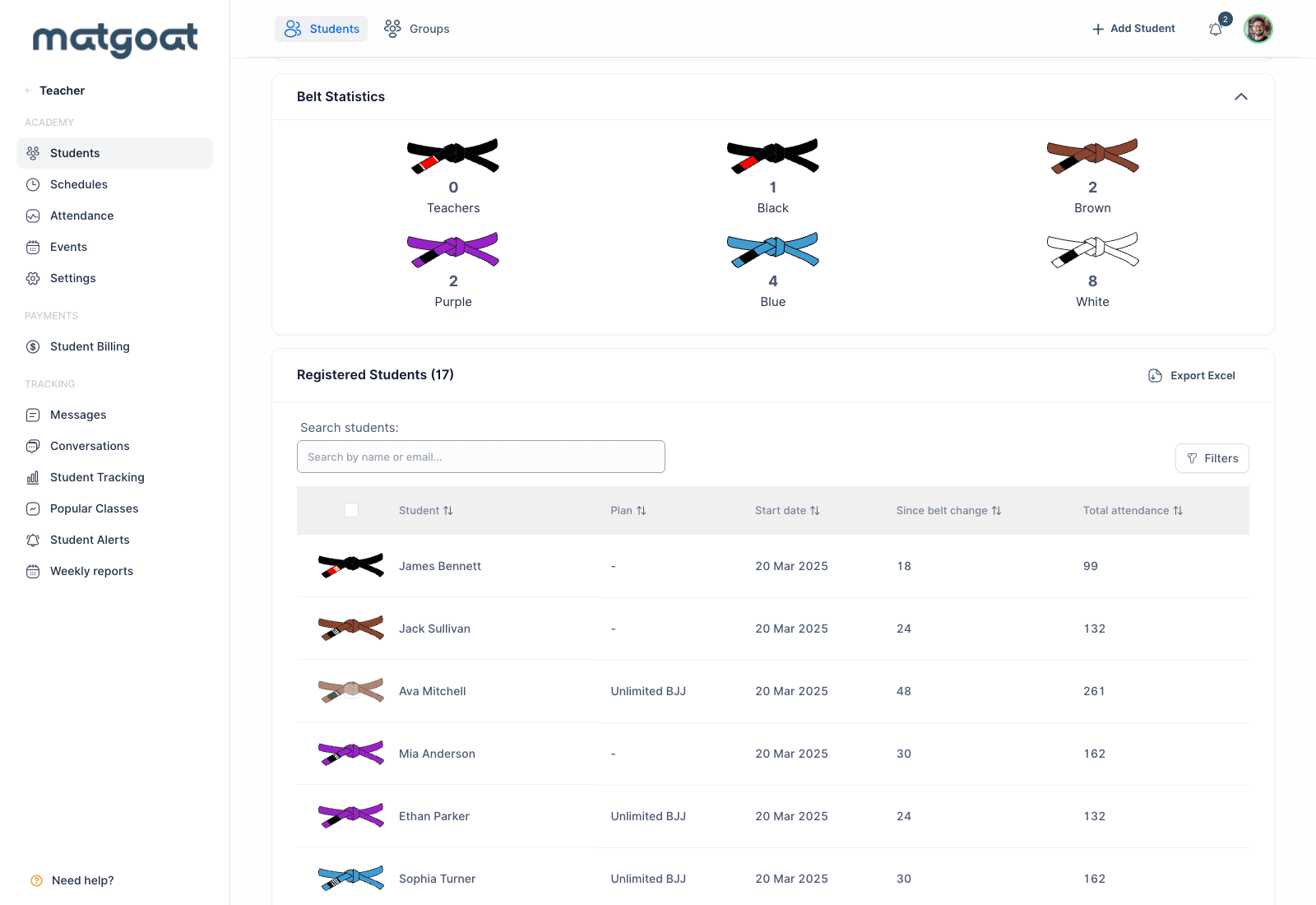 MatGoat: Student directory and belt distribution
