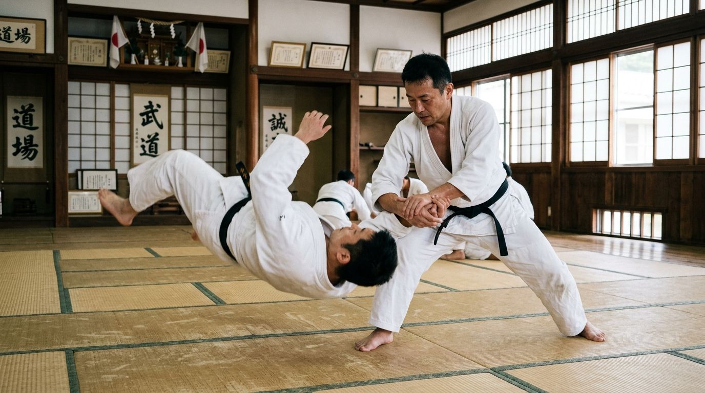 Due praticanti di arti marziali in keikogi tradizionale che eseguono una proiezione sul tatami