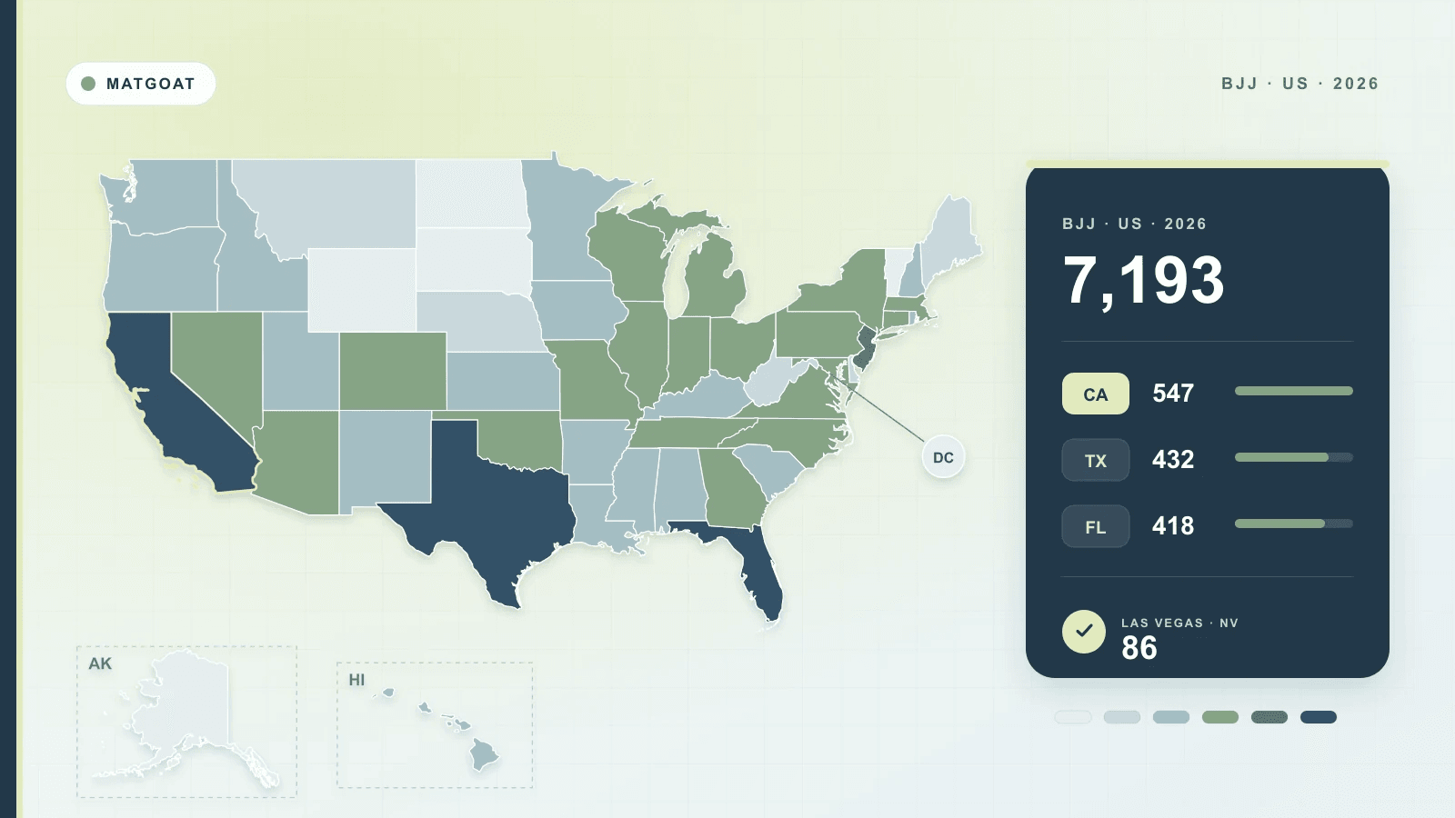 Map of the United States showing BJJ gym directory listings by state