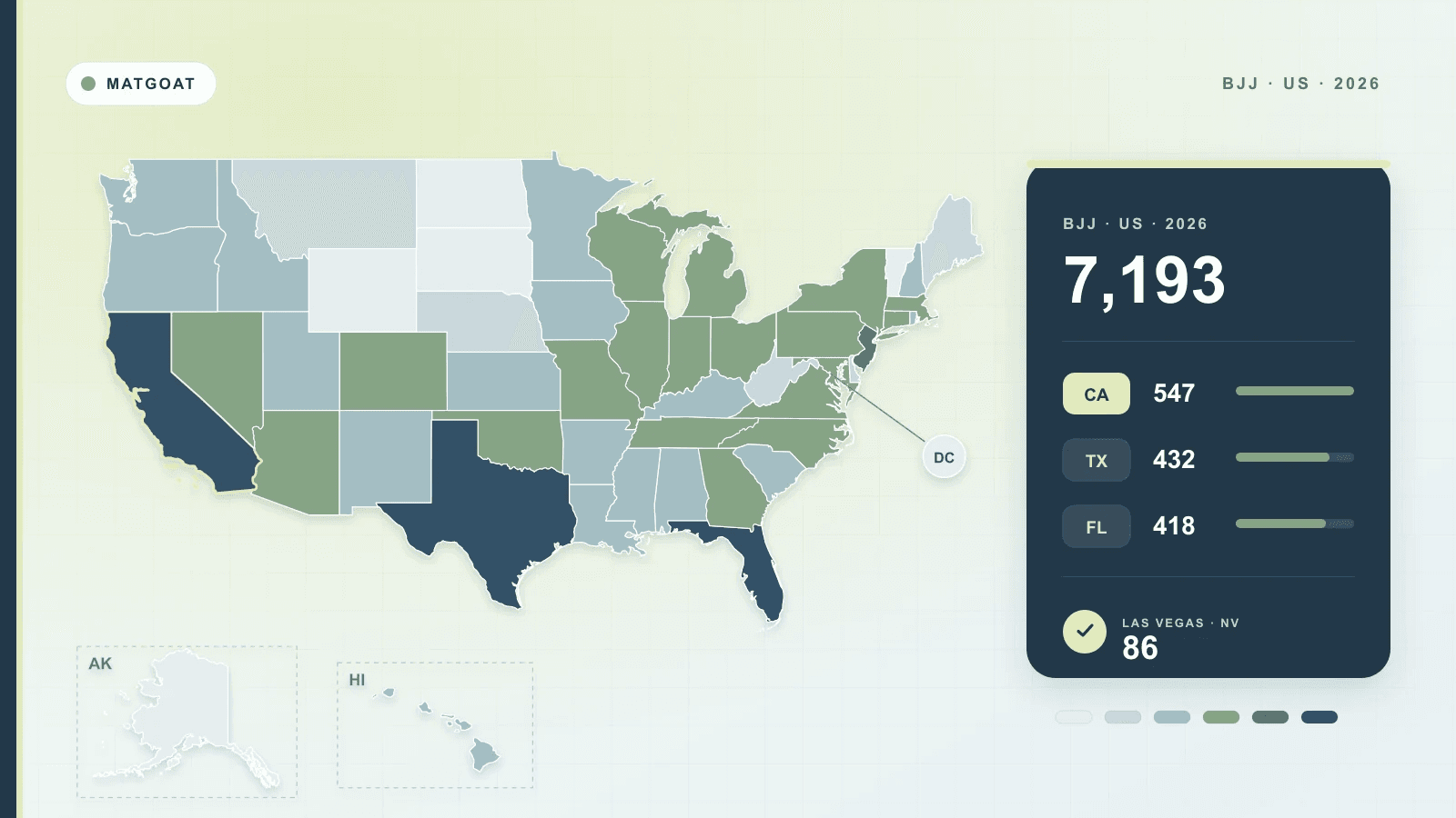 Map of the United States showing BJJ gym directory listings by state