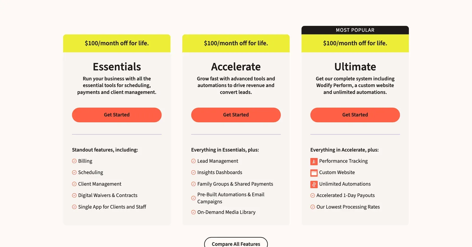 Wodify pricing plans for Essentials, Accelerate, and Ultimate tiers